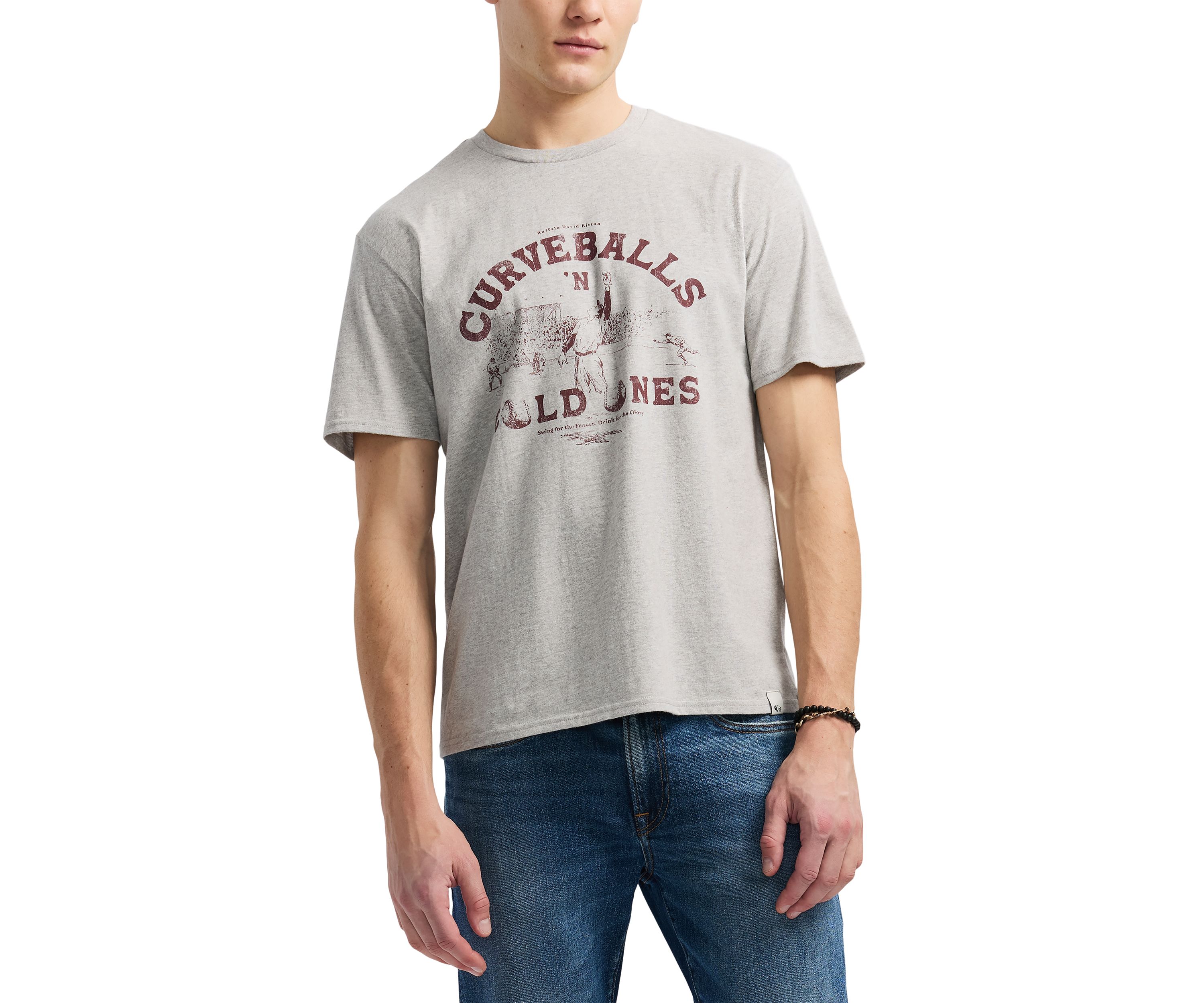 Mens Tavis Graphic T-Shirt with Curveballs n Old Ones Print, Heather Grey