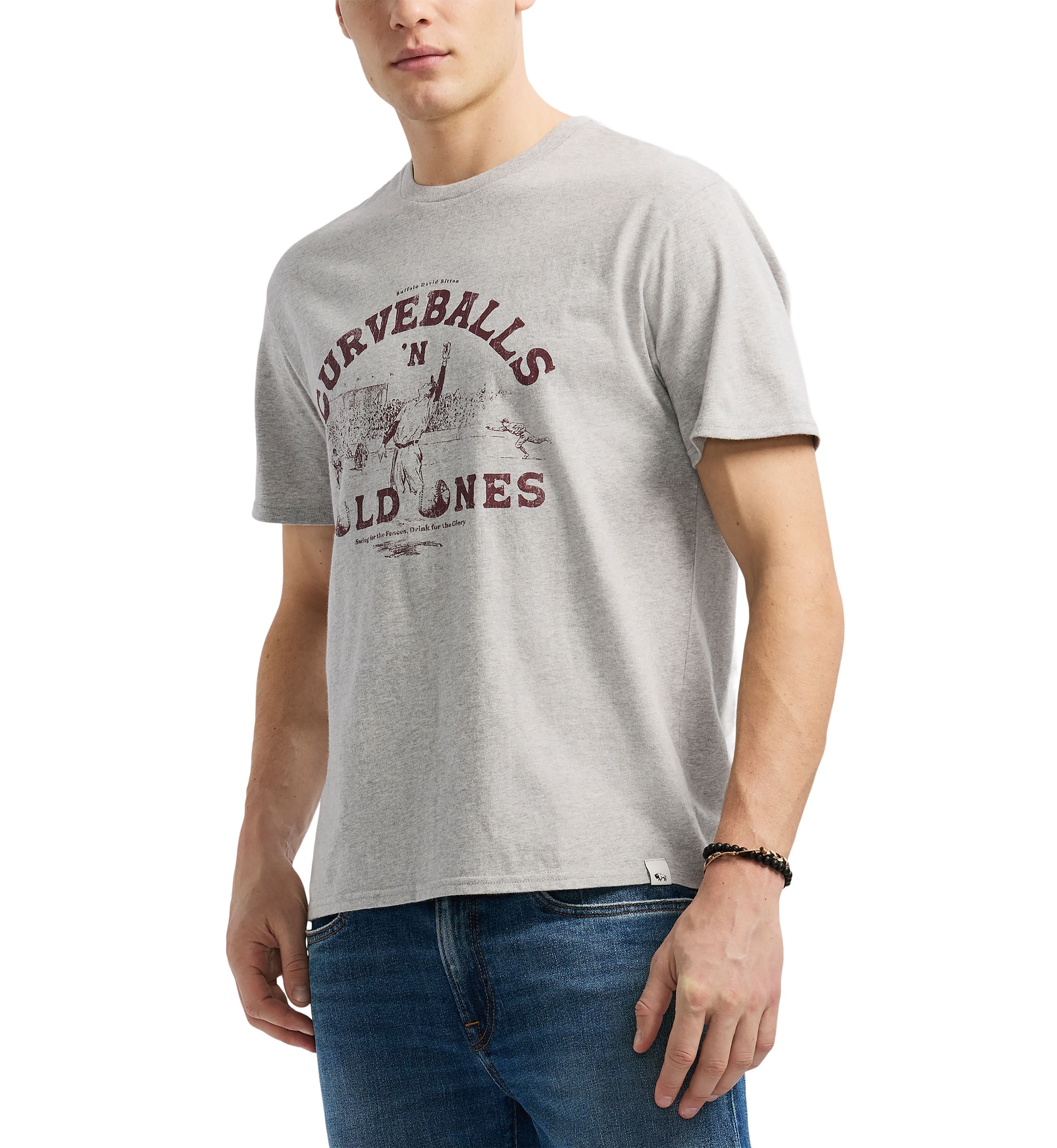 Mens Tavis Graphic T-Shirt with Curveballs n Old Ones Print, Heather Grey