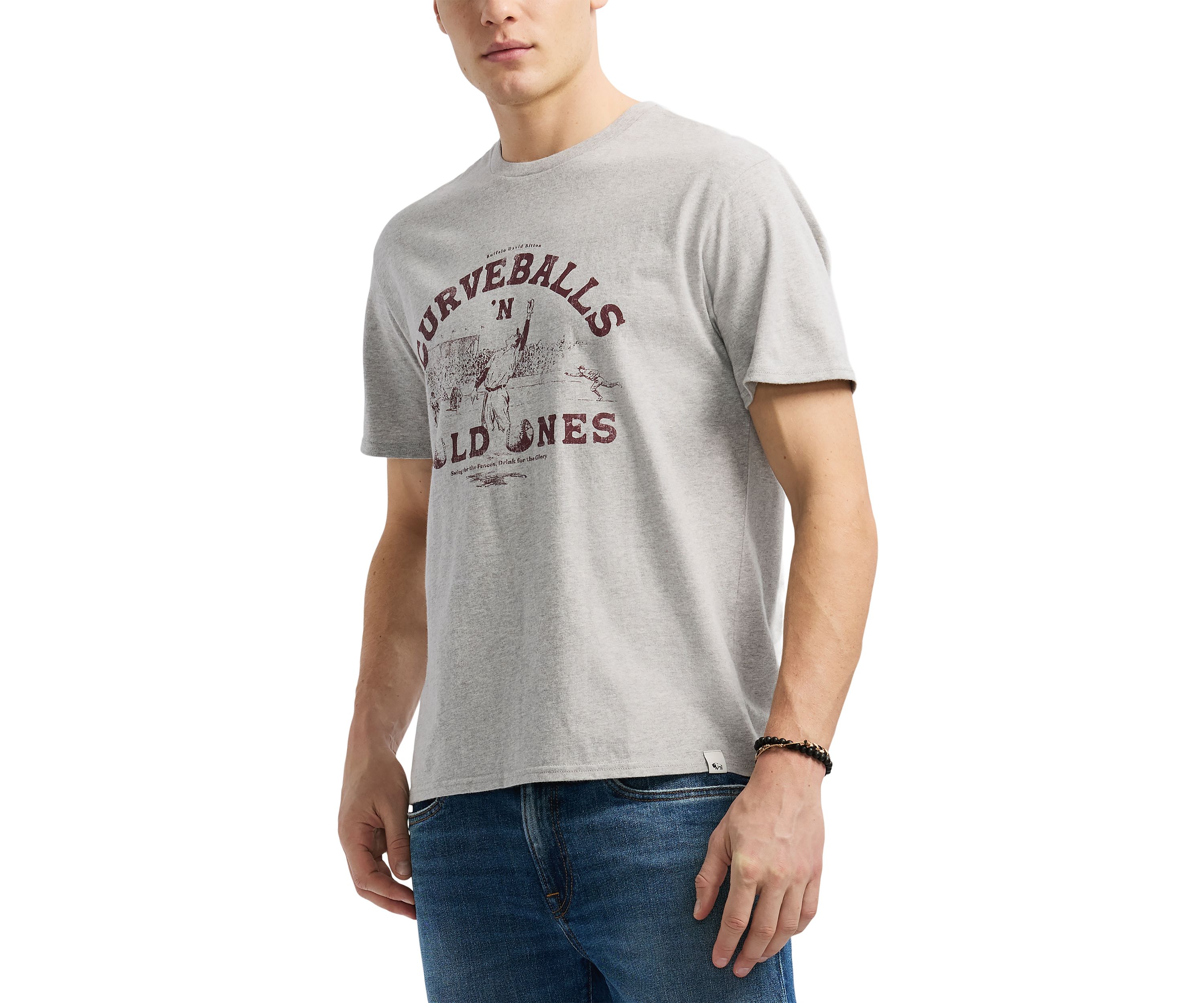 Mens Tavis Graphic T-Shirt with Curveballs n Old Ones Print, Heather Grey