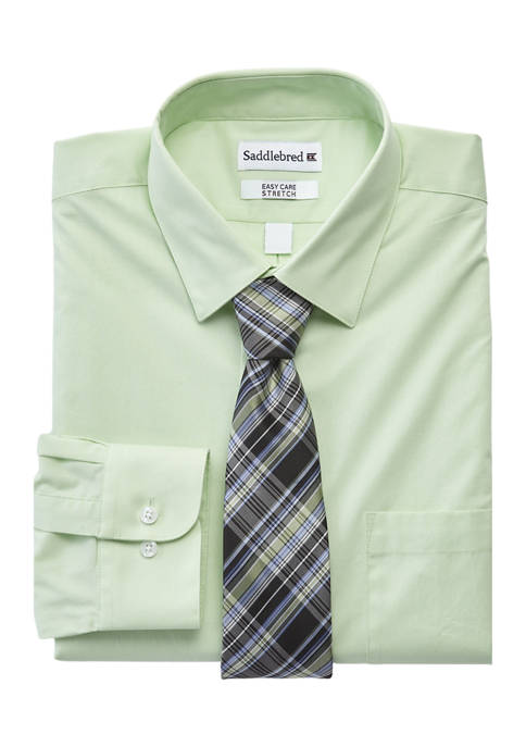 Stretch Solid Dress Shirt and Printed Tie Set