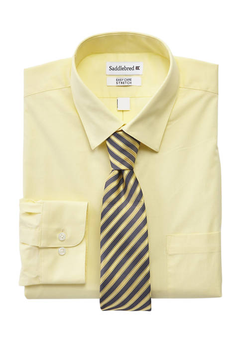  Stretch Solid Dress Shirt and Printed Tie Set 