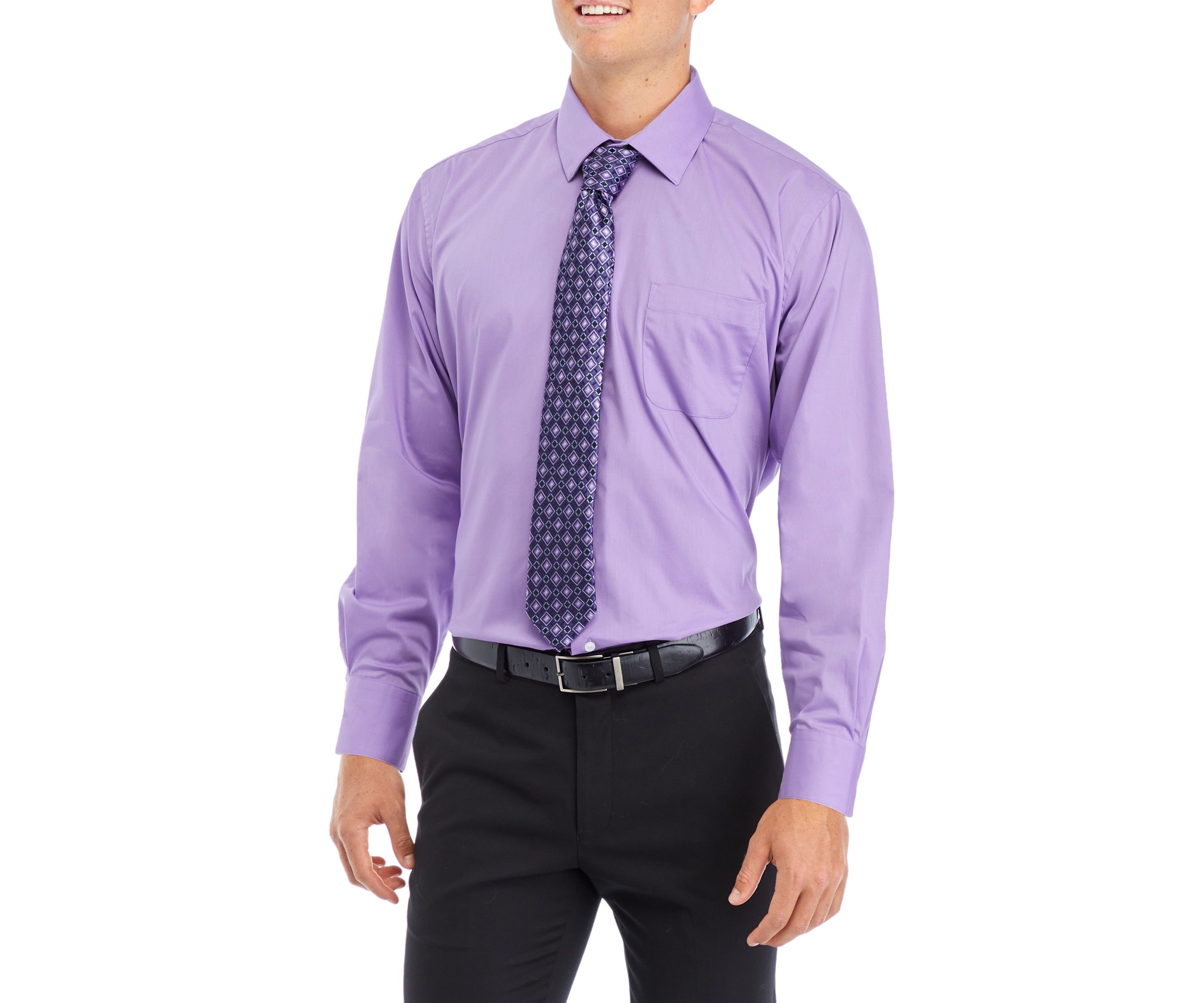Regular Stretch 2 Piece Solid Shirt and Printed Tie Set