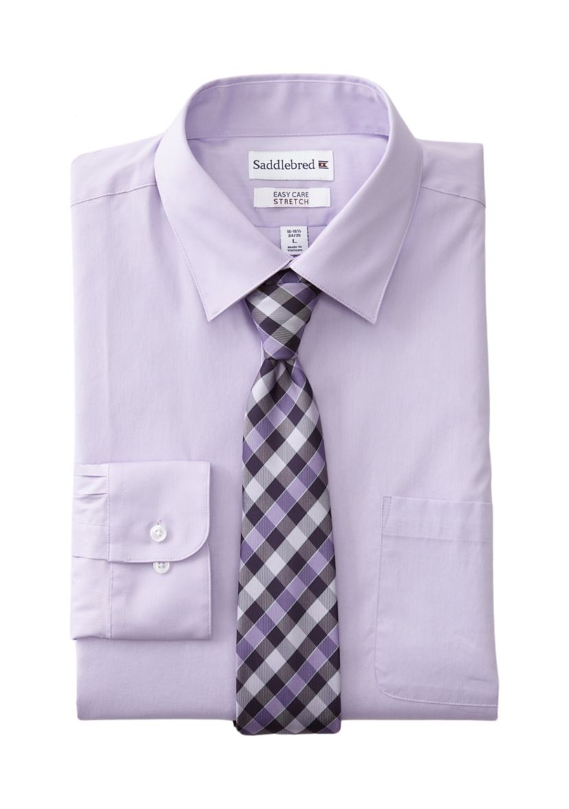 Stretch Solid Dress Shirt and Tie Set