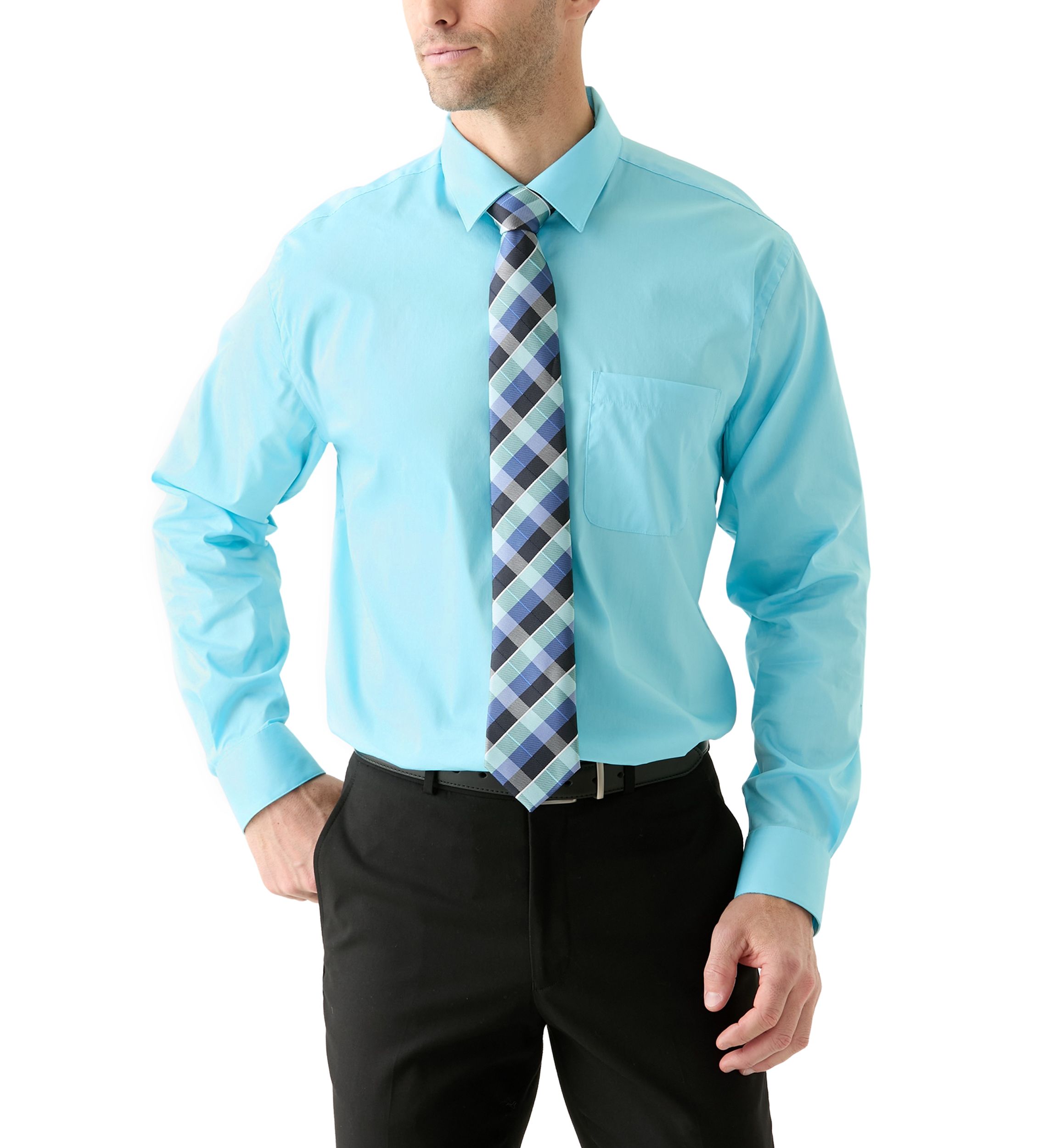 Solid Shirt and Plaid Tie Set