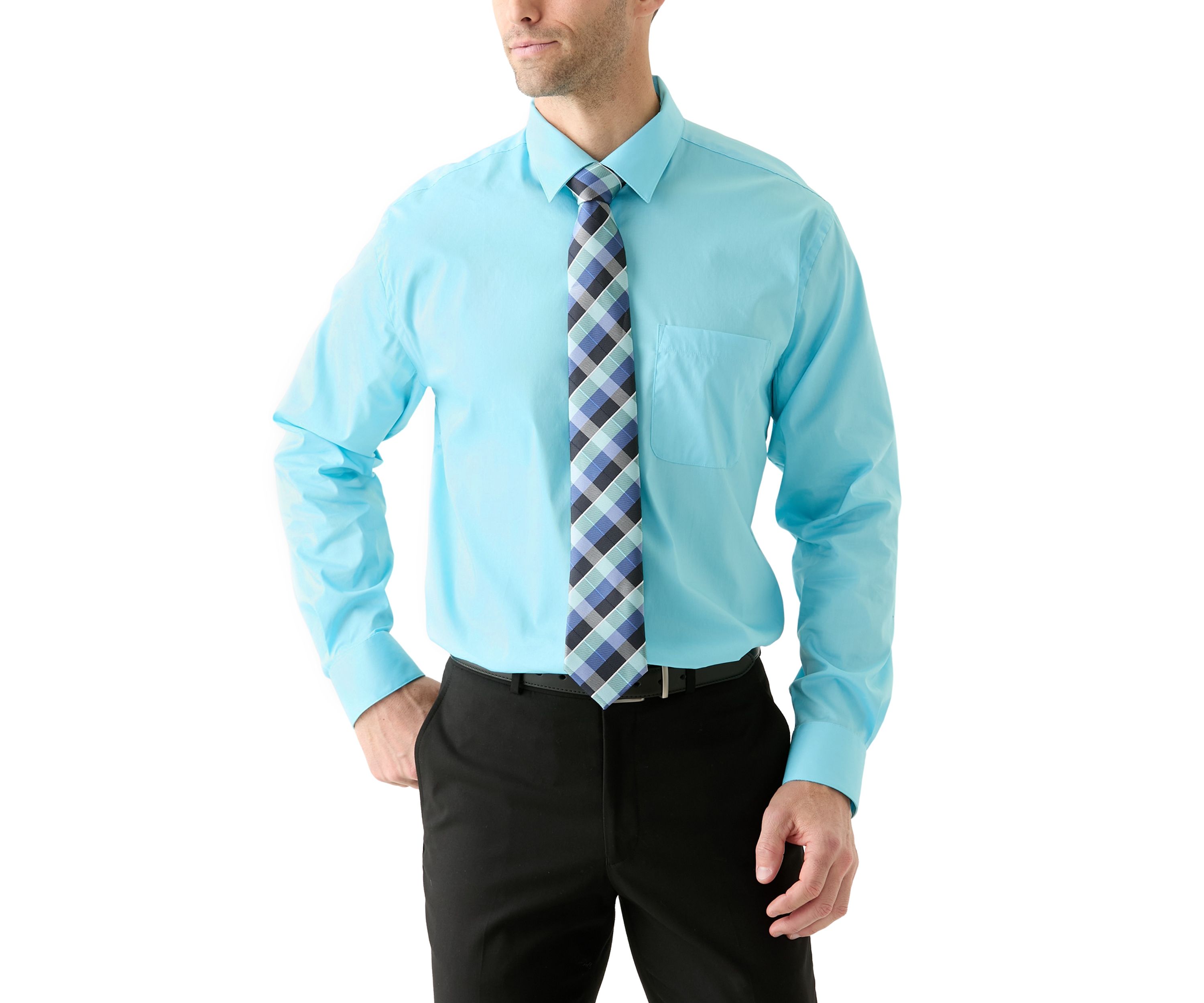 Solid Shirt and Plaid Tie Set