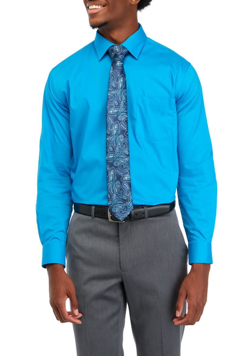 Stretch Solid Dress Shirt and Tie Set