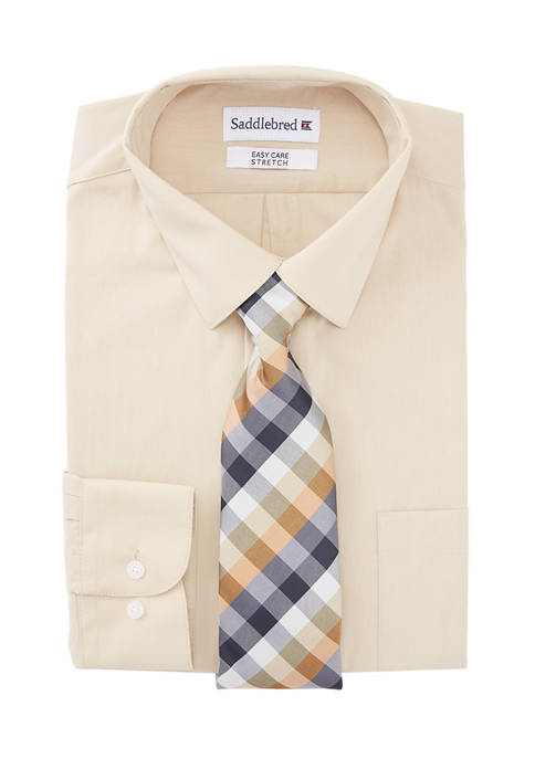 Saddlebred® 2 Piece Solid Shirt and Plaid Tie