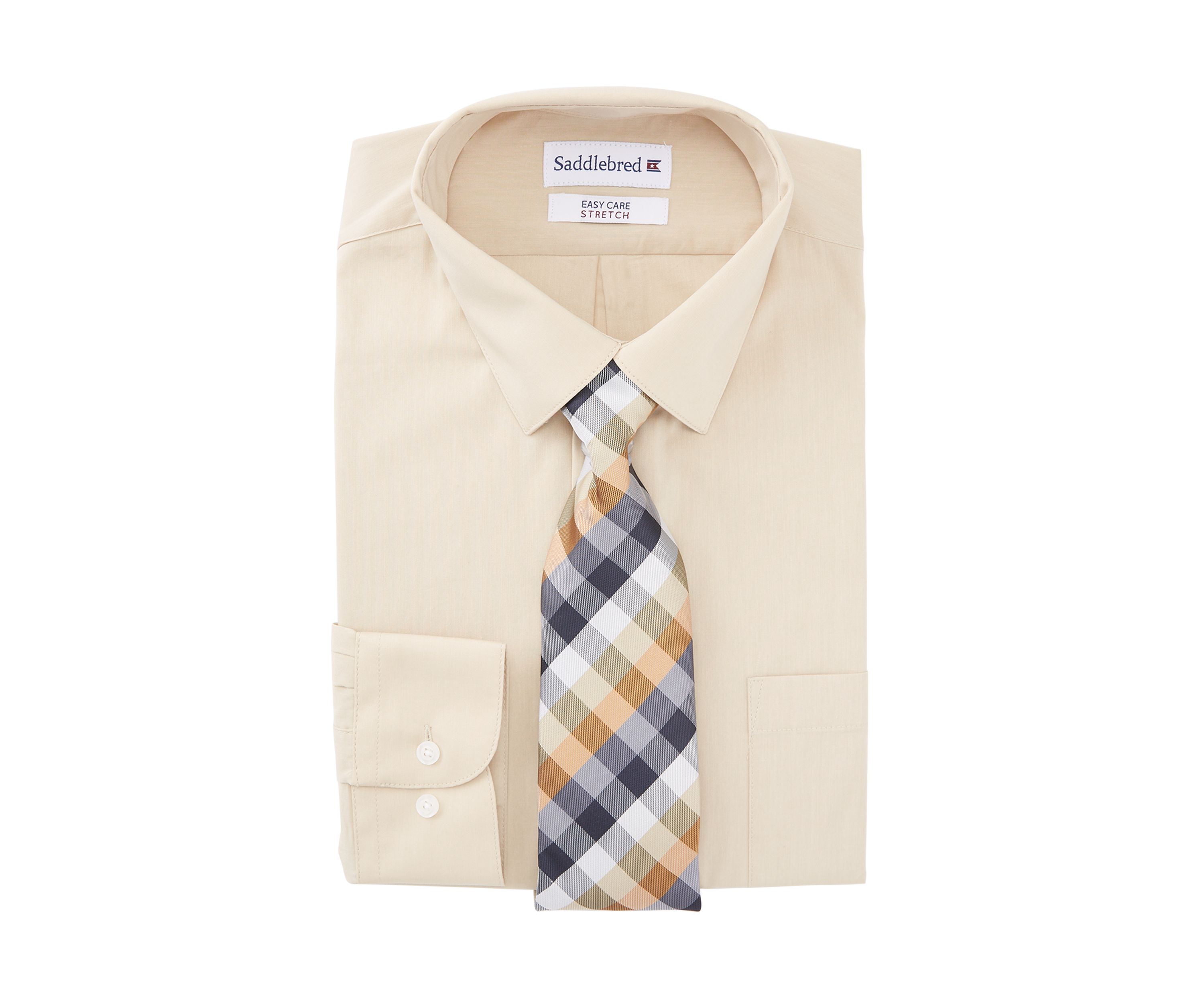 2 Piece Solid Shirt and Plaid Tie Set