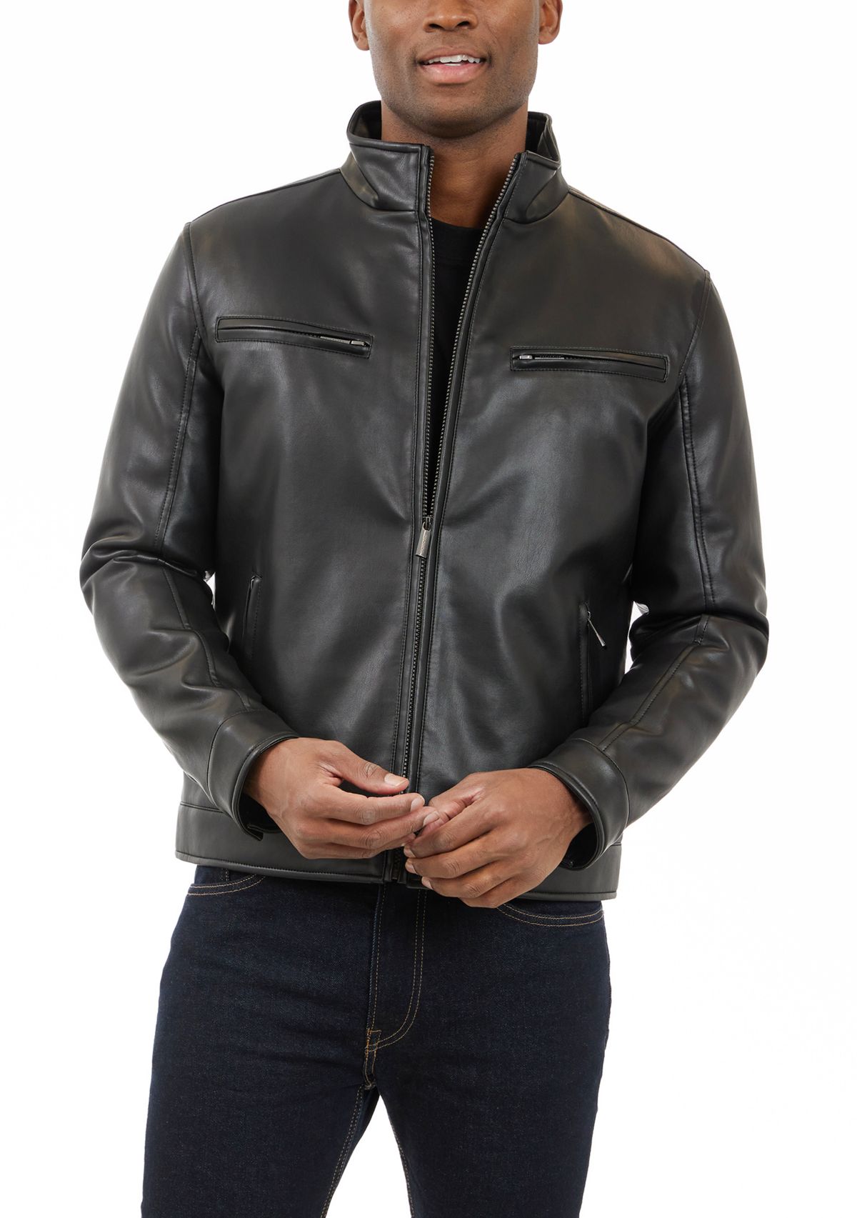 Mens Faux Leather Stand Collar Rain Jacket