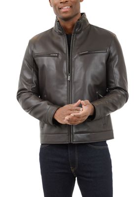 London Fog Men's Faux Leather Stand Collar Rain Jacket, 2XL