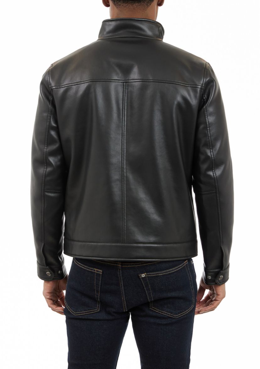 Mens Faux Leather Stand Collar Rain Jacket