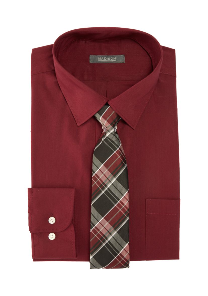 Mens 2 Piece Slim Stretch Solid Shirt and Tie Set 