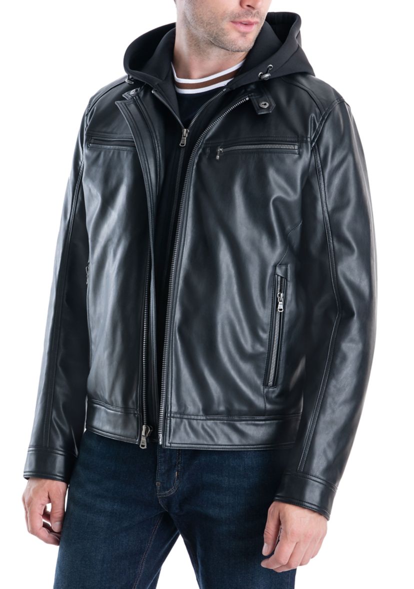 Mens Faux Leather Hooded Jacket