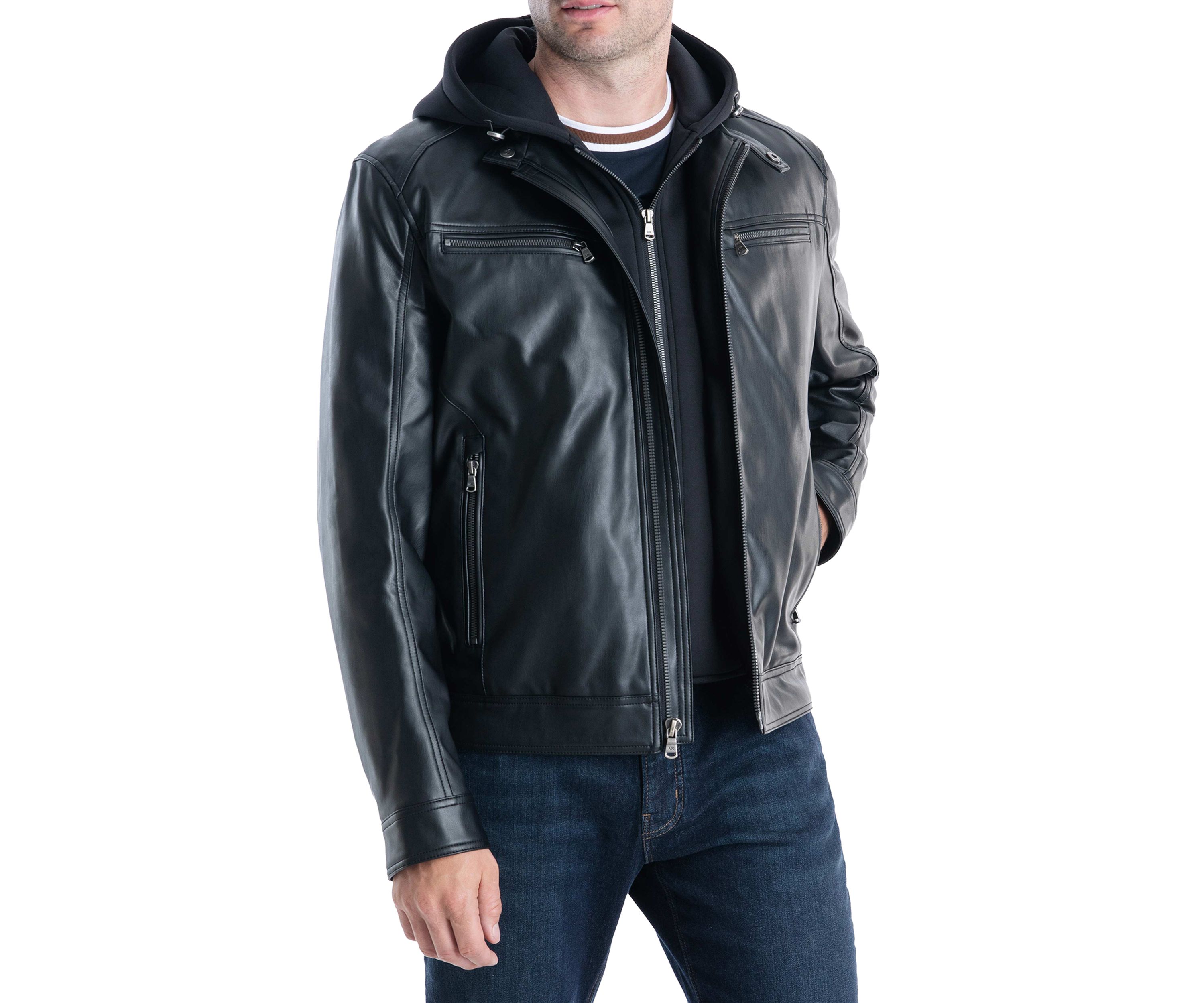 Mens Faux Leather Hooded Jacket