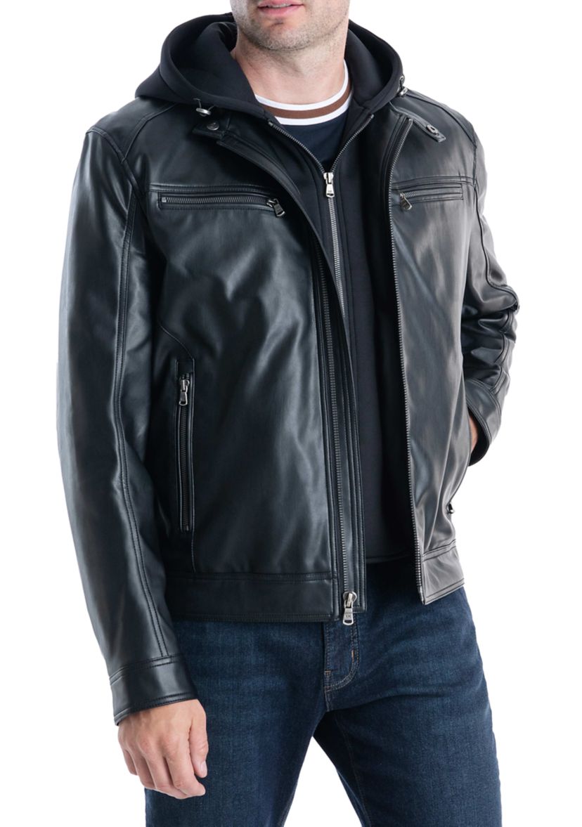 Mens Faux Leather Hooded Jacket