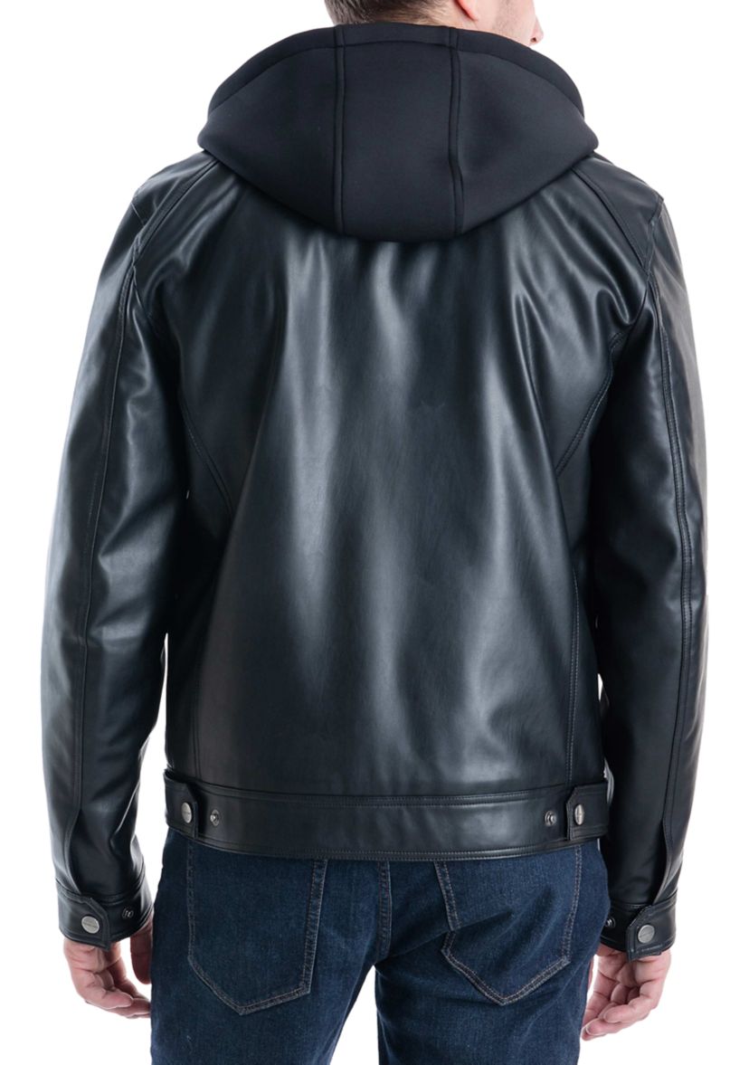Mens Faux Leather Hooded Jacket