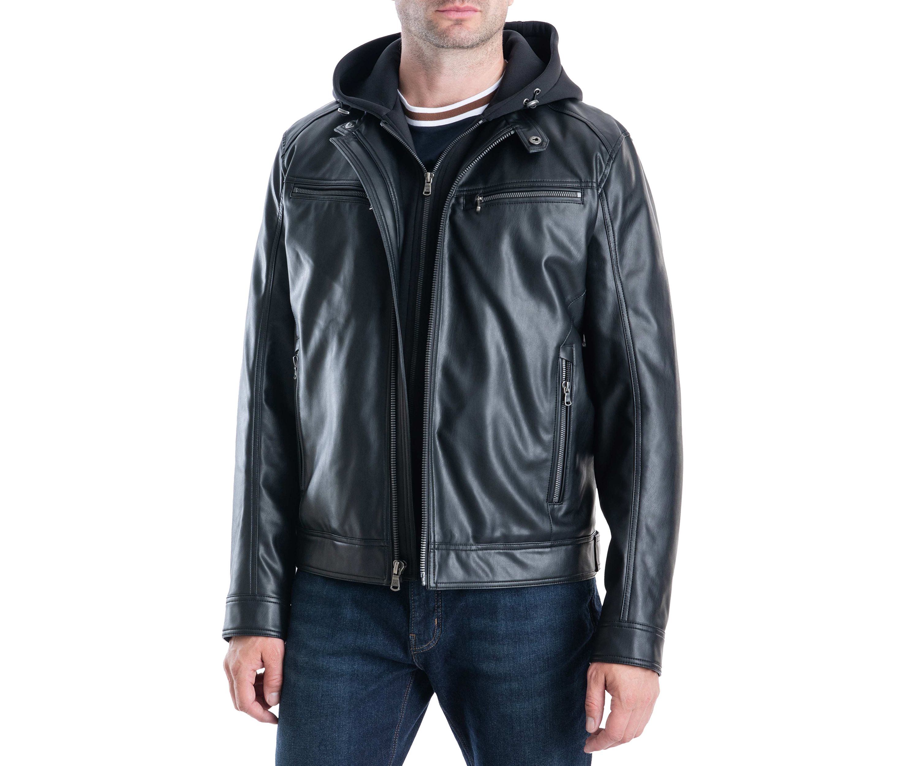 Mens Faux Leather Hooded Jacket