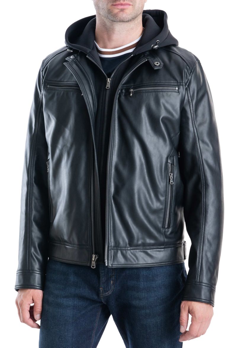 Mens Faux Leather Hooded Jacket