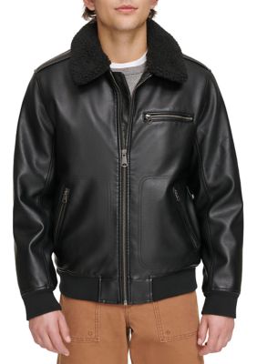 Levi's Men's Faux Leather Bomber Jacket with Sherpa Collar and Quilted Lining, Black, Medium
