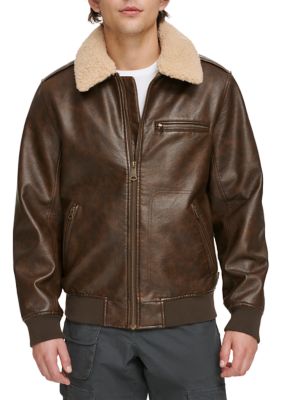 Levi's Men's Faux Leather Bomber Jacket with Sherpa Collar and Quilted Lining, Brown, Medium