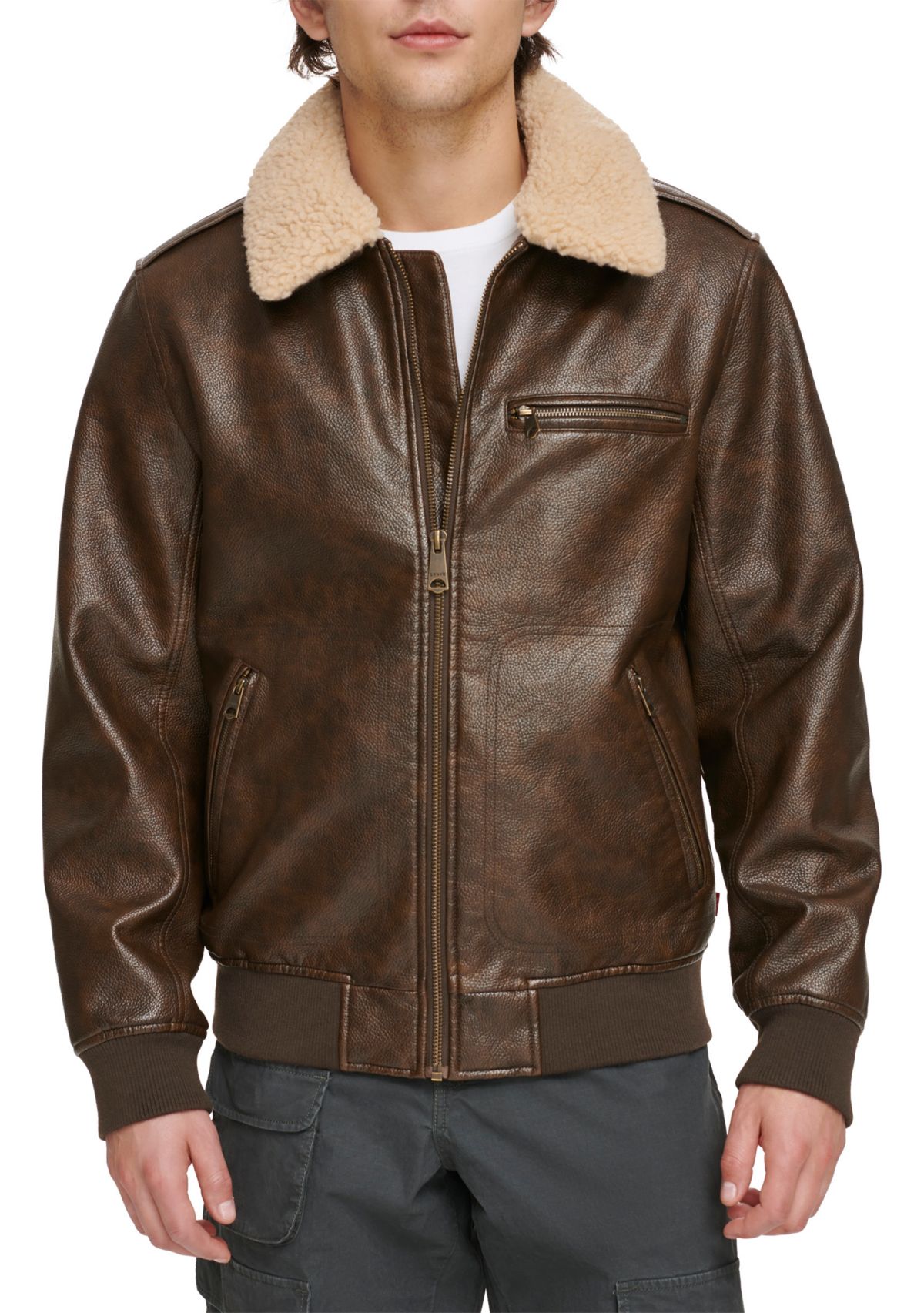 Faux Leather Bomber Jacket with Sherpa Collar and Quilted Lining