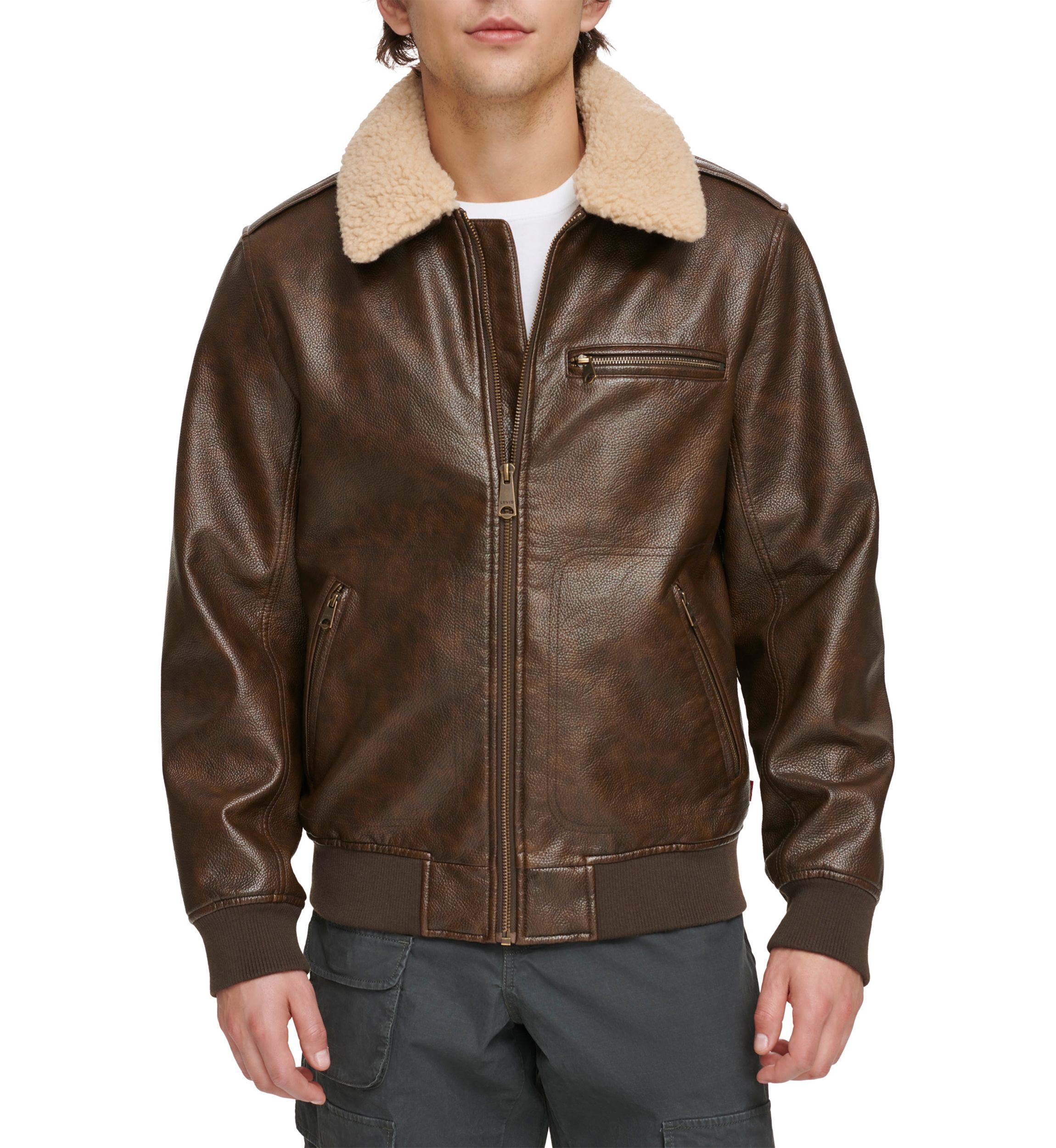 Faux Leather Bomber Jacket with Sherpa Collar and Quilted Lining