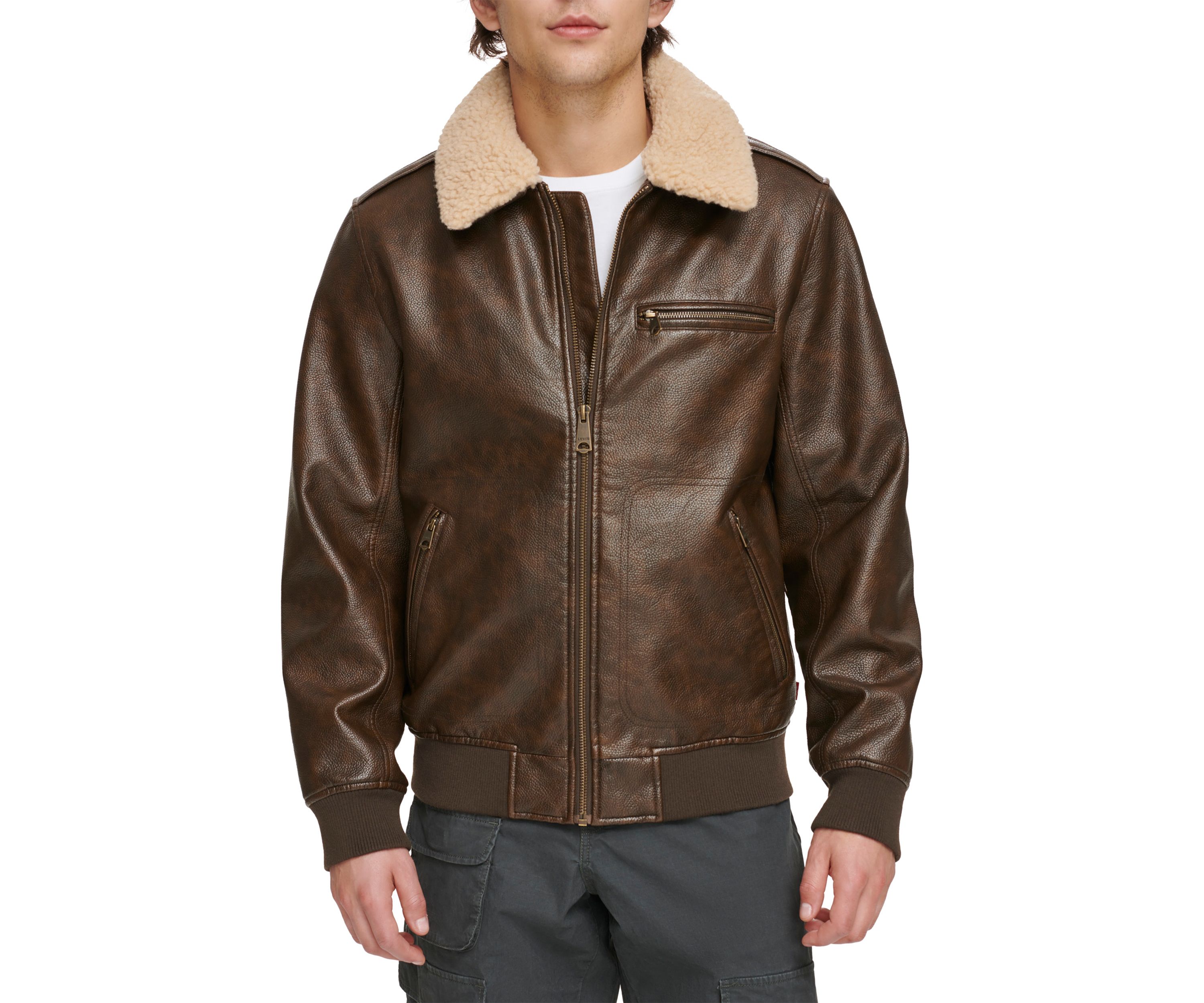 Faux Leather Bomber Jacket with Sherpa Collar and Quilted Lining