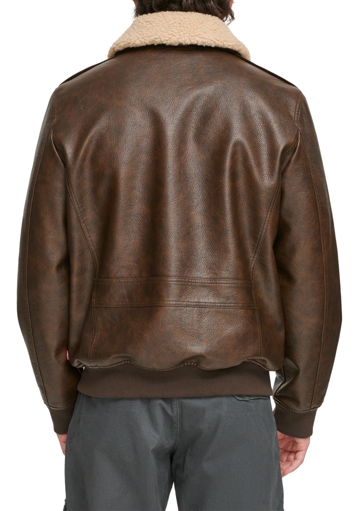 Faux Leather Bomber Jacket with Sherpa Collar and Quilted Lining