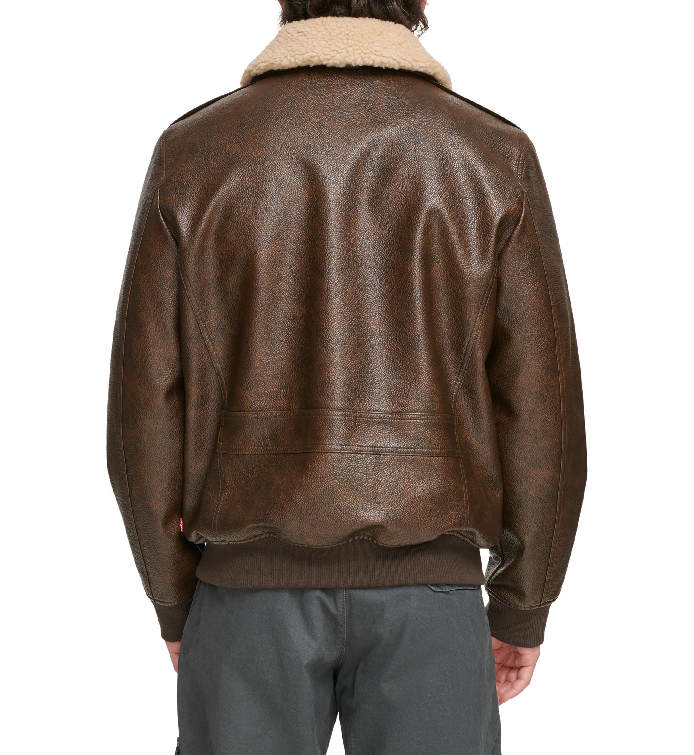 Faux Leather Bomber Jacket with Sherpa Collar and Quilted Lining