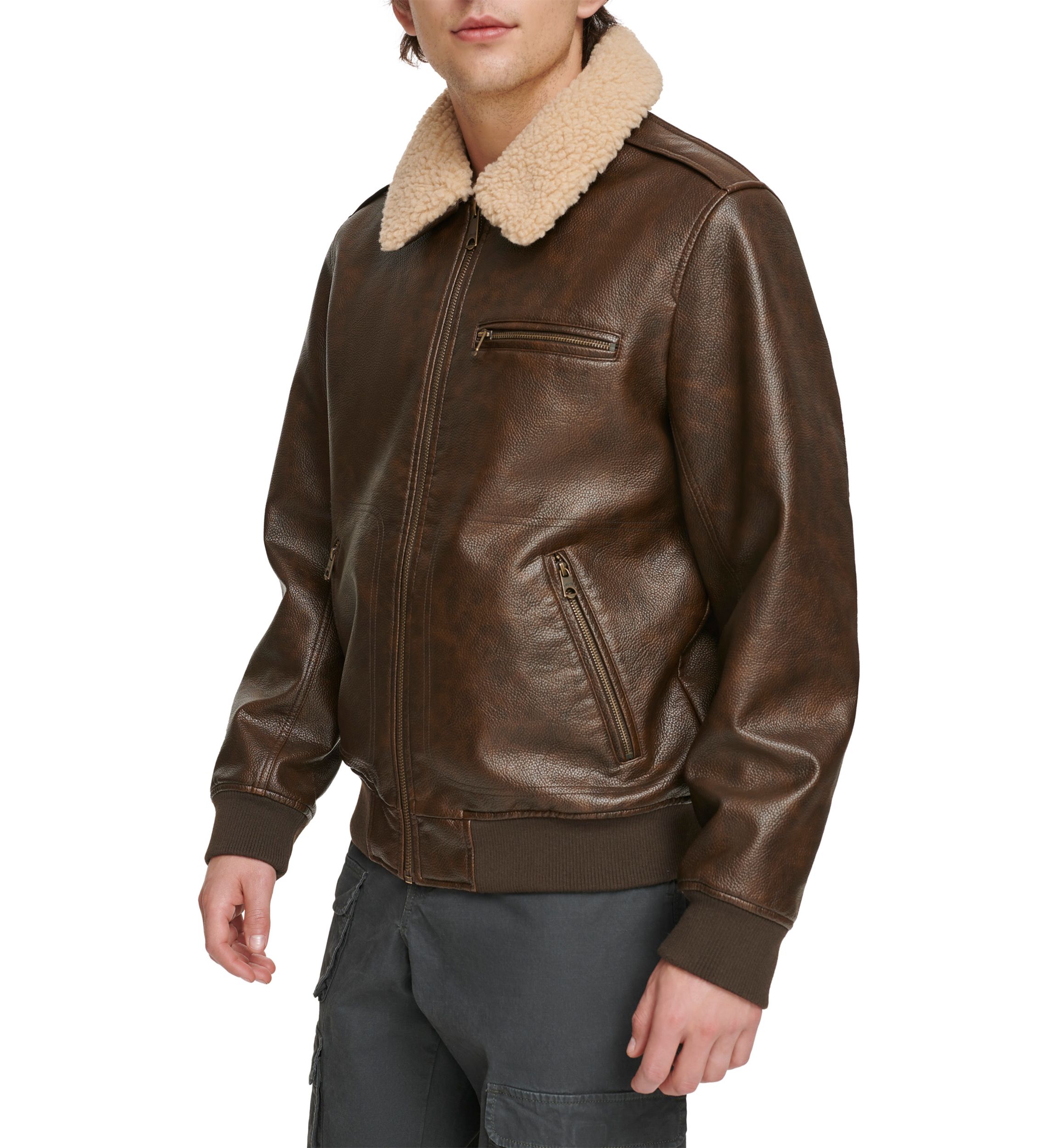 Faux Leather Bomber Jacket with Sherpa Collar and Quilted Lining