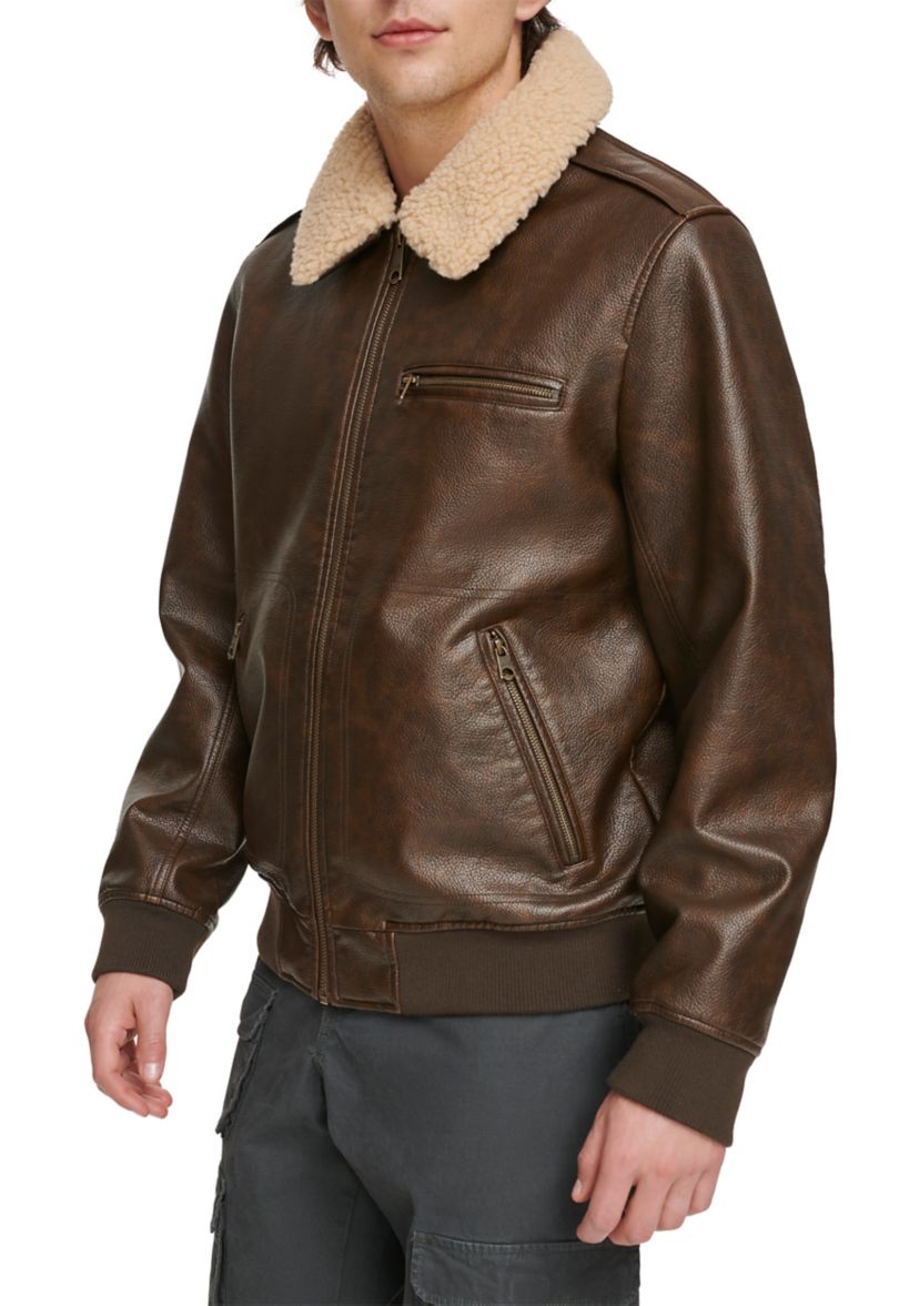 Faux Leather Bomber Jacket with Sherpa Collar and Quilted Lining