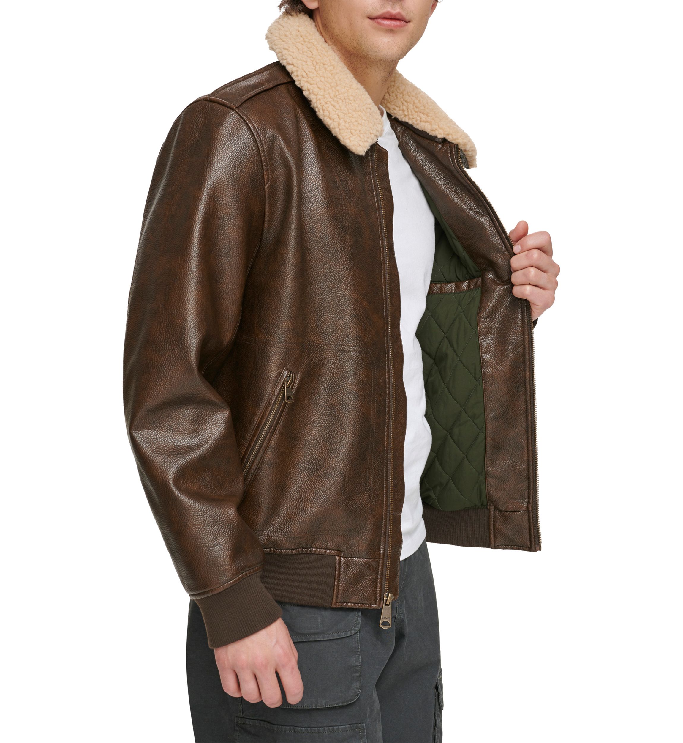 Faux Leather Bomber Jacket with Sherpa Collar and Quilted Lining