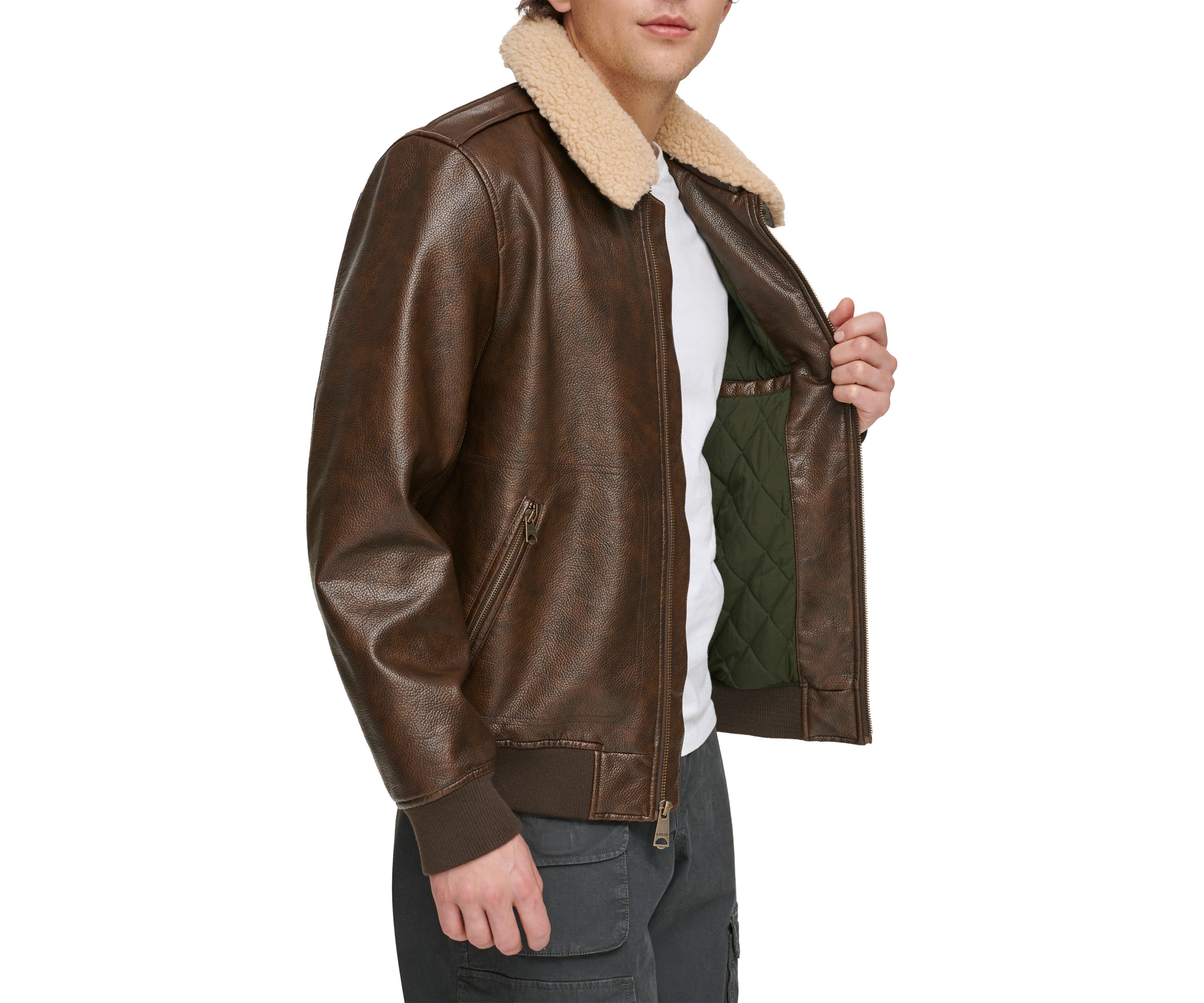 Faux Leather Bomber Jacket with Sherpa Collar and Quilted Lining