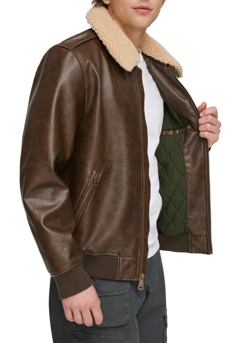 Faux Leather Bomber Jacket with Sherpa Collar and Quilted Lining