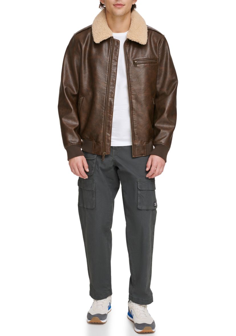 Faux Leather Bomber Jacket with Sherpa Collar and Quilted Lining