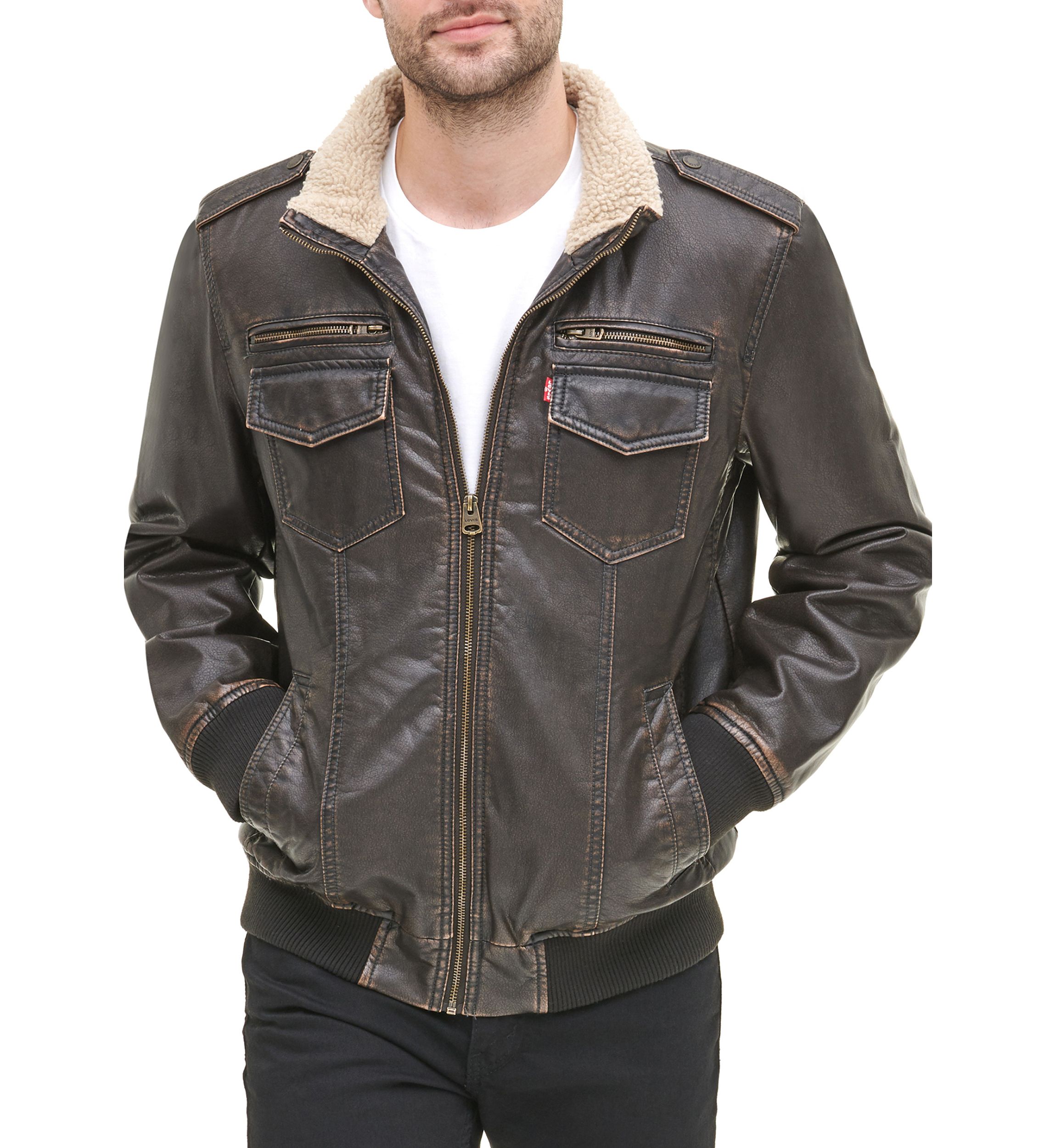 Faux Leather Stand Collar Aviator Bomber Jacket with Sherpa Lining