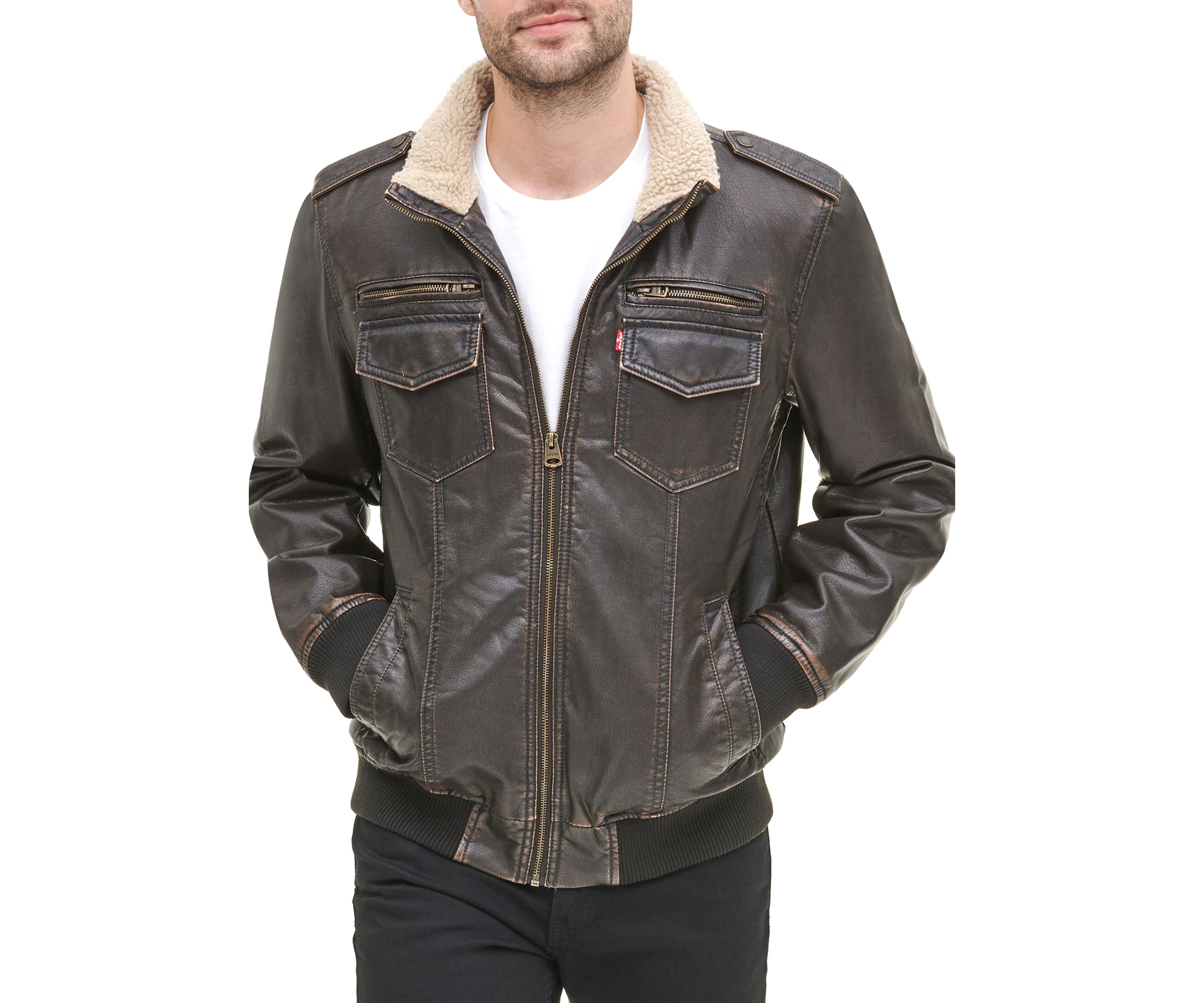 Faux Leather Stand Collar Aviator Bomber Jacket with Sherpa Lining