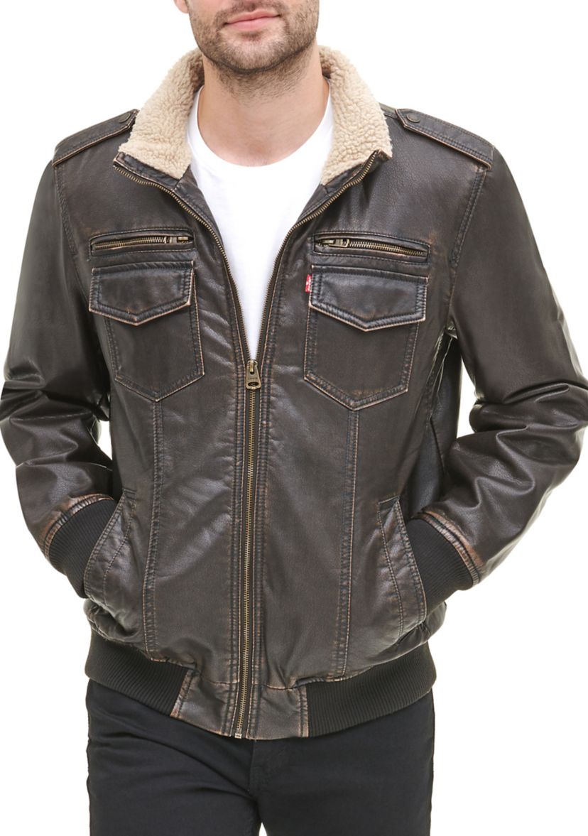 Faux Leather Stand Collar Aviator Bomber Jacket with Sherpa Lining