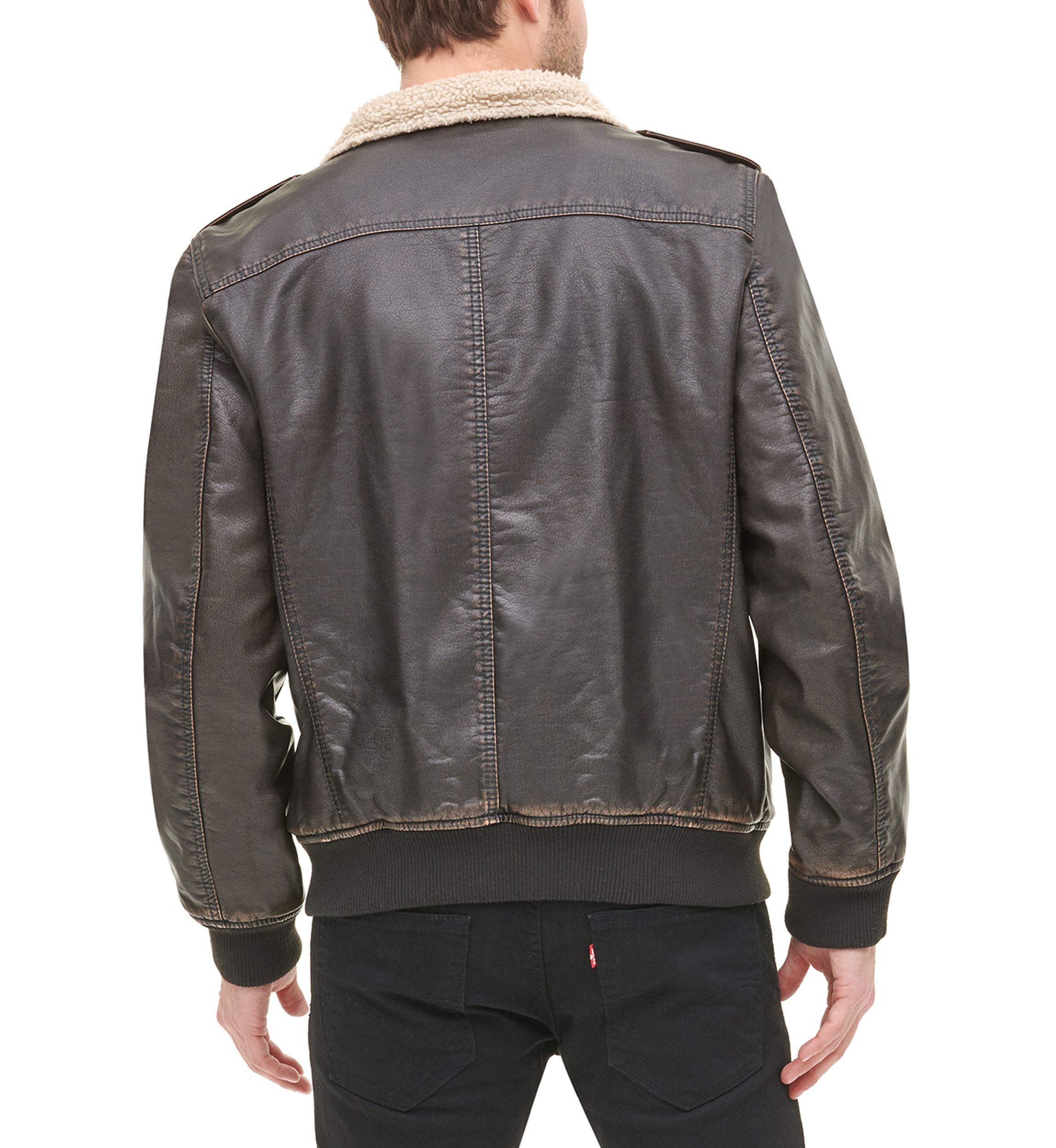 Faux Leather Stand Collar Aviator Bomber Jacket with Sherpa Lining