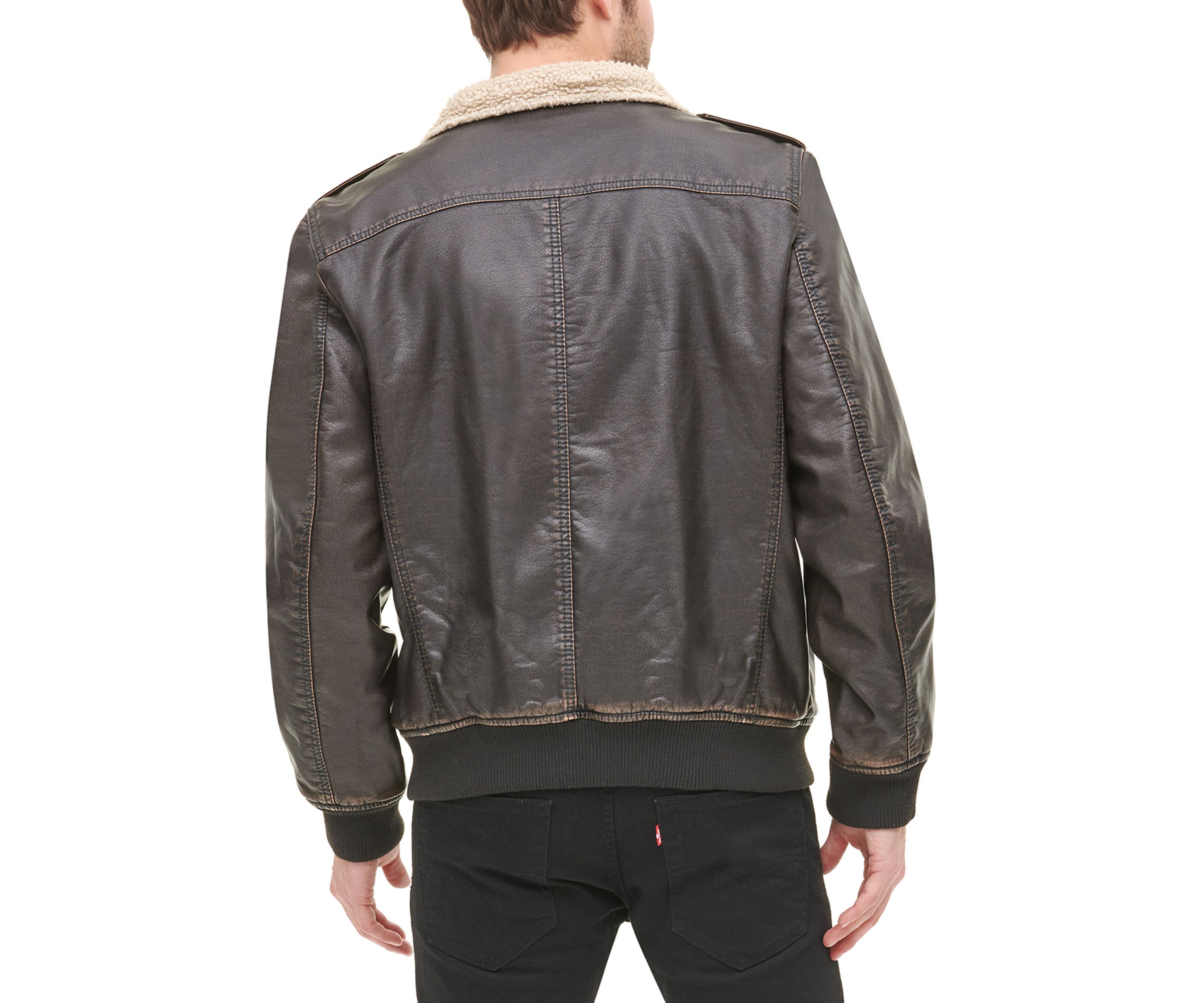 Faux Leather Stand Collar Aviator Bomber Jacket with Sherpa Lining