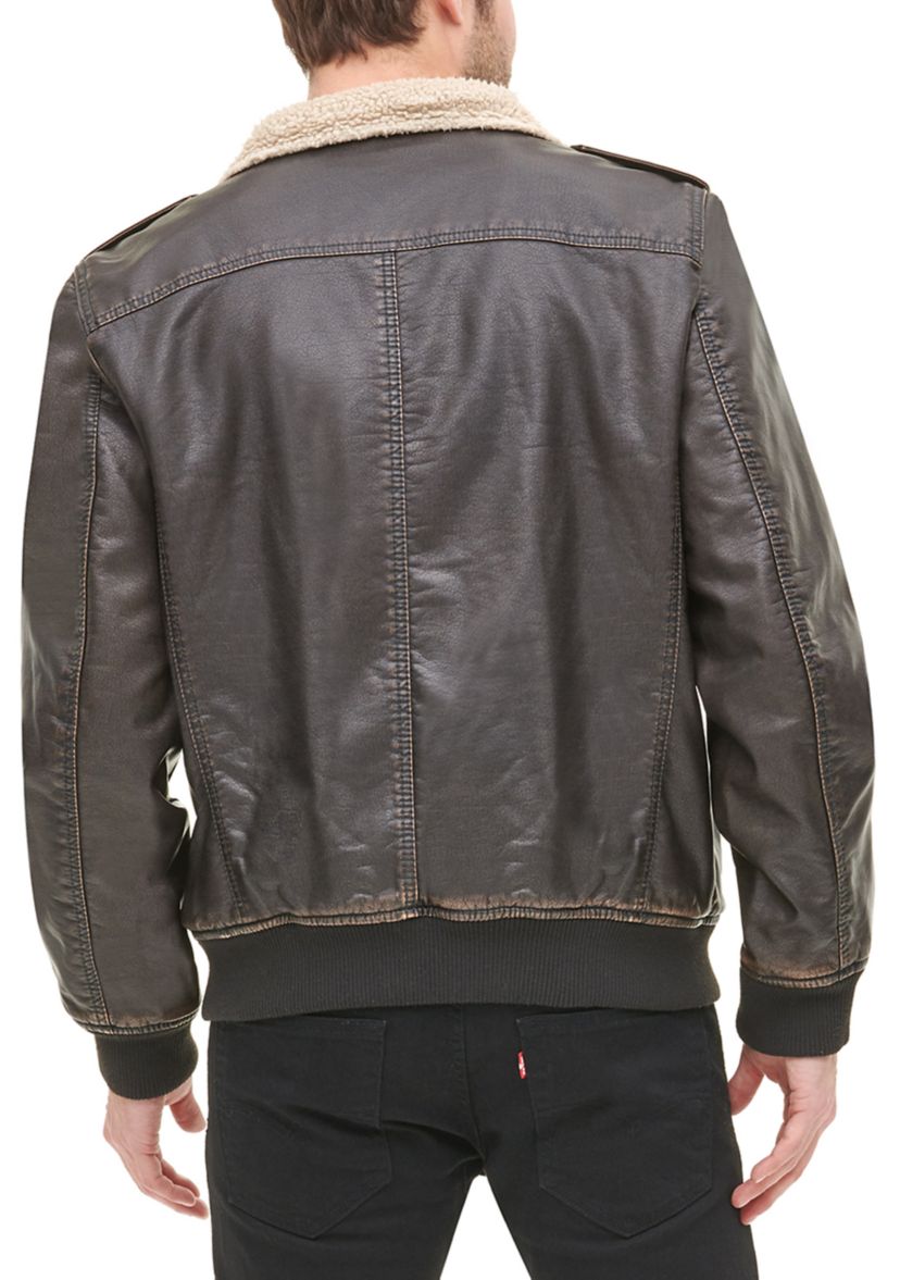 Faux Leather Stand Collar Aviator Bomber Jacket with Sherpa Lining