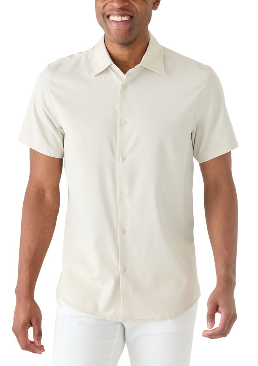 michael strahan white dress shirt Collection by Michael Strahan Men's Short Sleeve Performance Solid Woven Button Shirt, Sand, Large