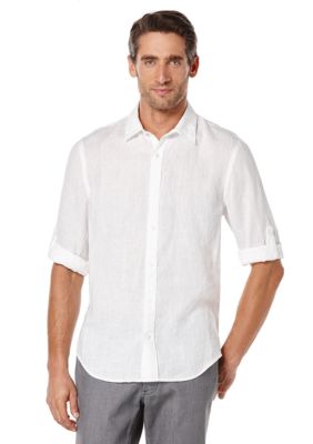 Perry Ellis Men's Long Sleeve Solid Linen Shirt, White, Small