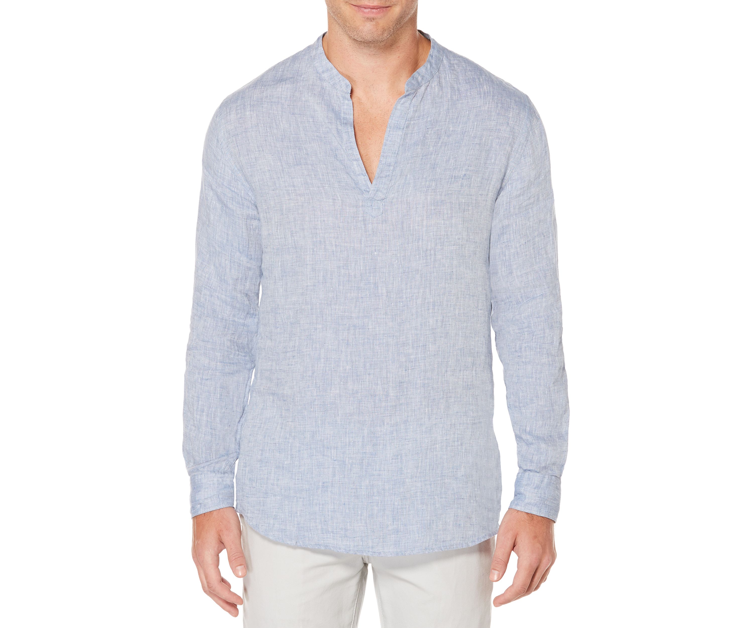 Long Sleeve Solid Linen Popover Banded Collar Shirt