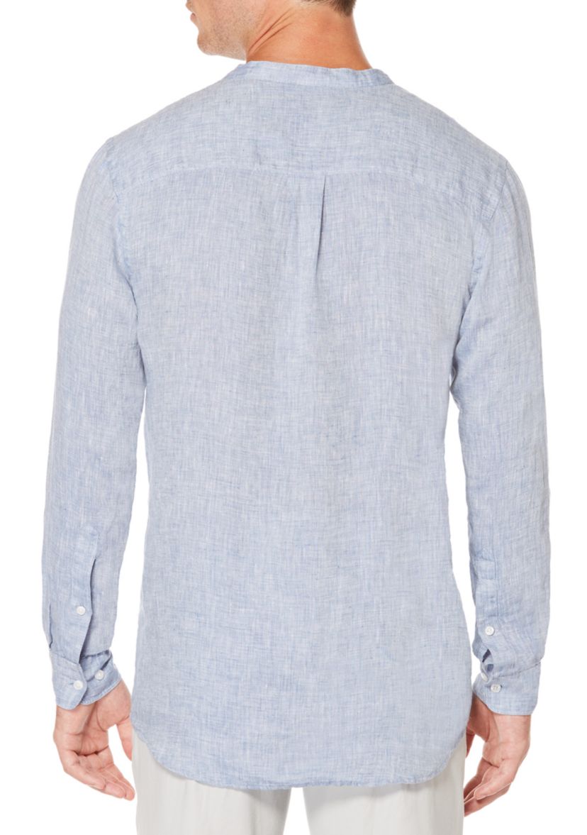 Long Sleeve Solid Linen Popover Banded Collar Shirt