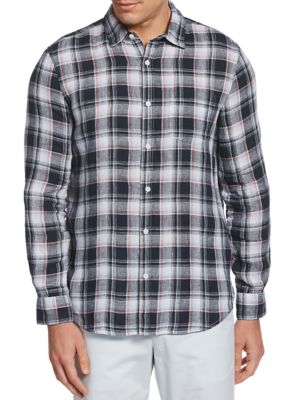 Perry Ellis® Mens Untucked Roll Sleeve Plaid Linen Long Sleeve Button Down Shirt Belk 0792