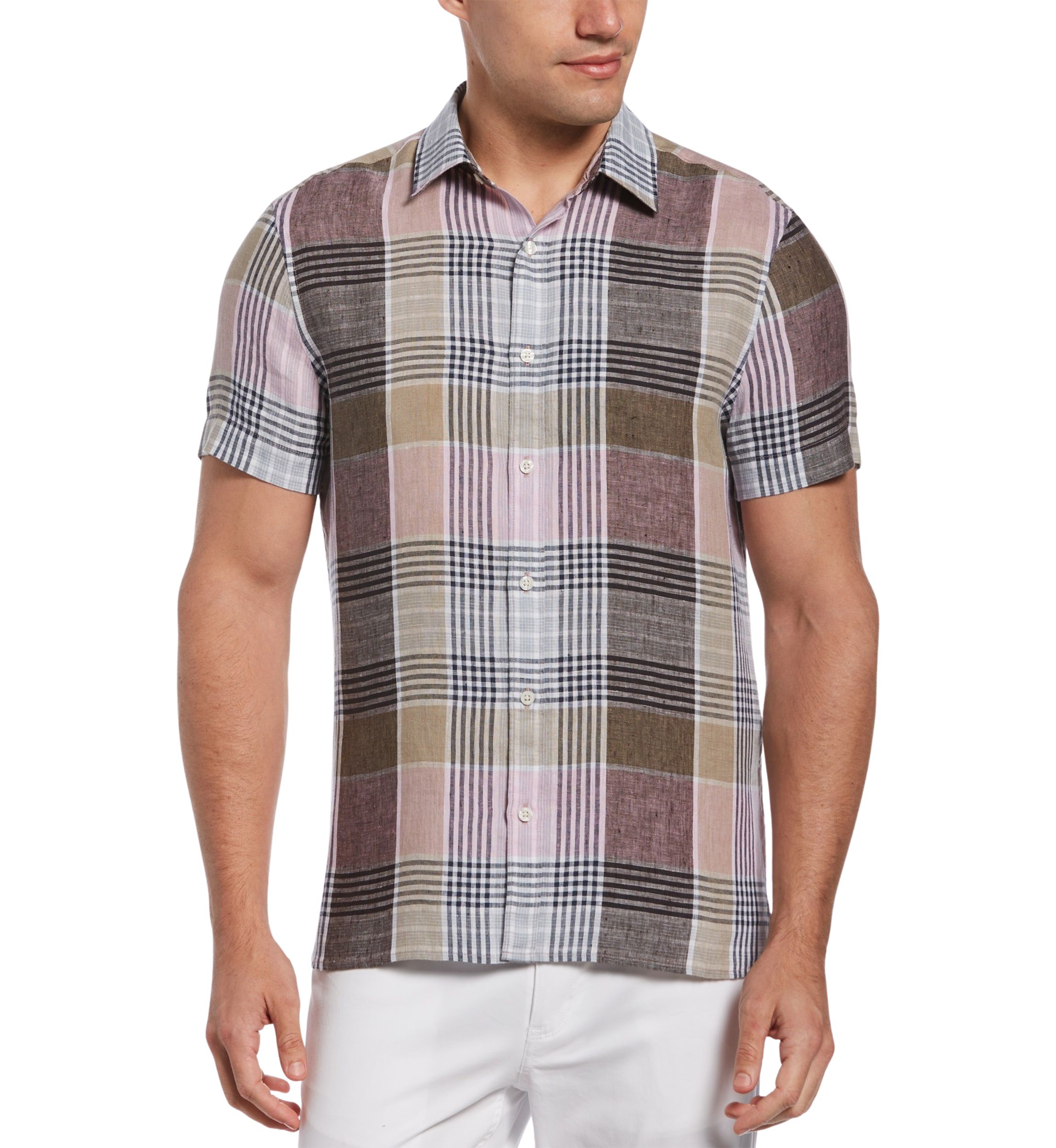 Mens Short Sleeve Large Check Linen Shirt