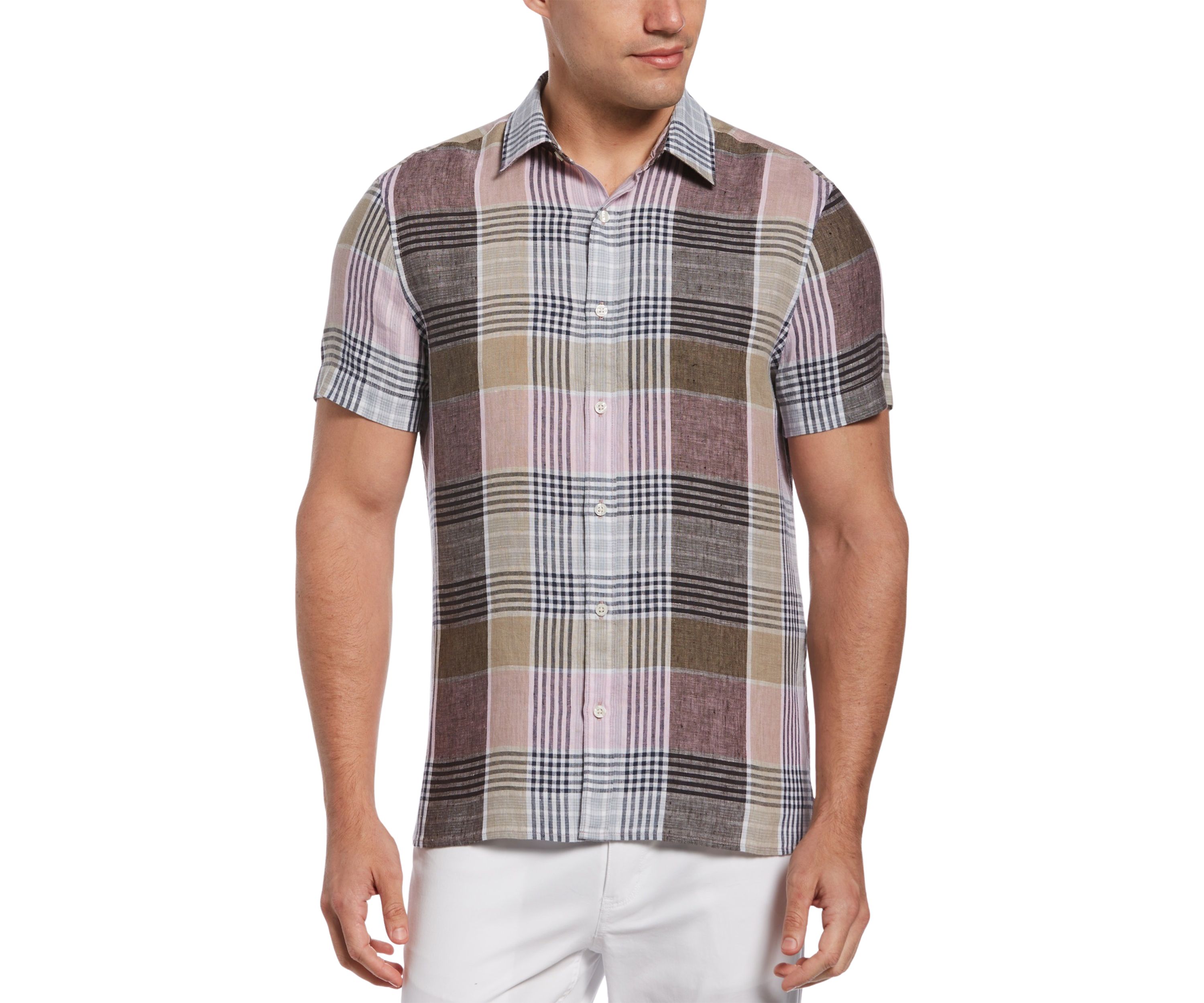 Mens Short Sleeve Large Check Linen Shirt