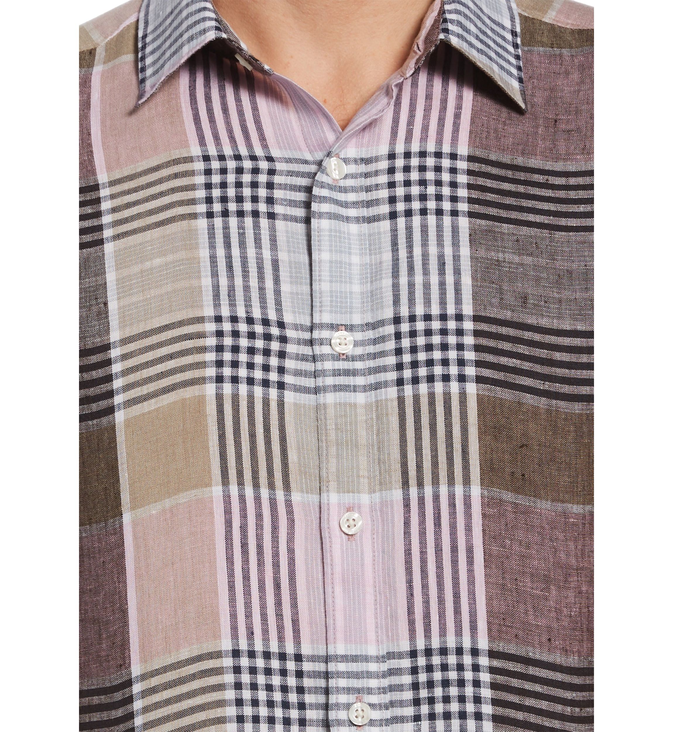 Mens Short Sleeve Large Check Linen Shirt