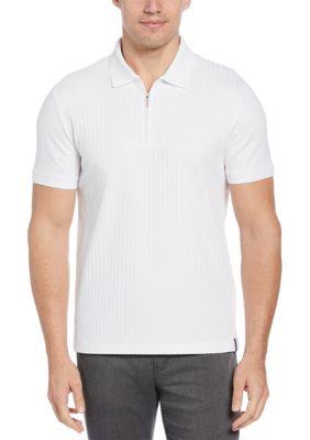 Perry Ellis Men's Vertical Ribbed Knit Polo Shirt, White, 2XL